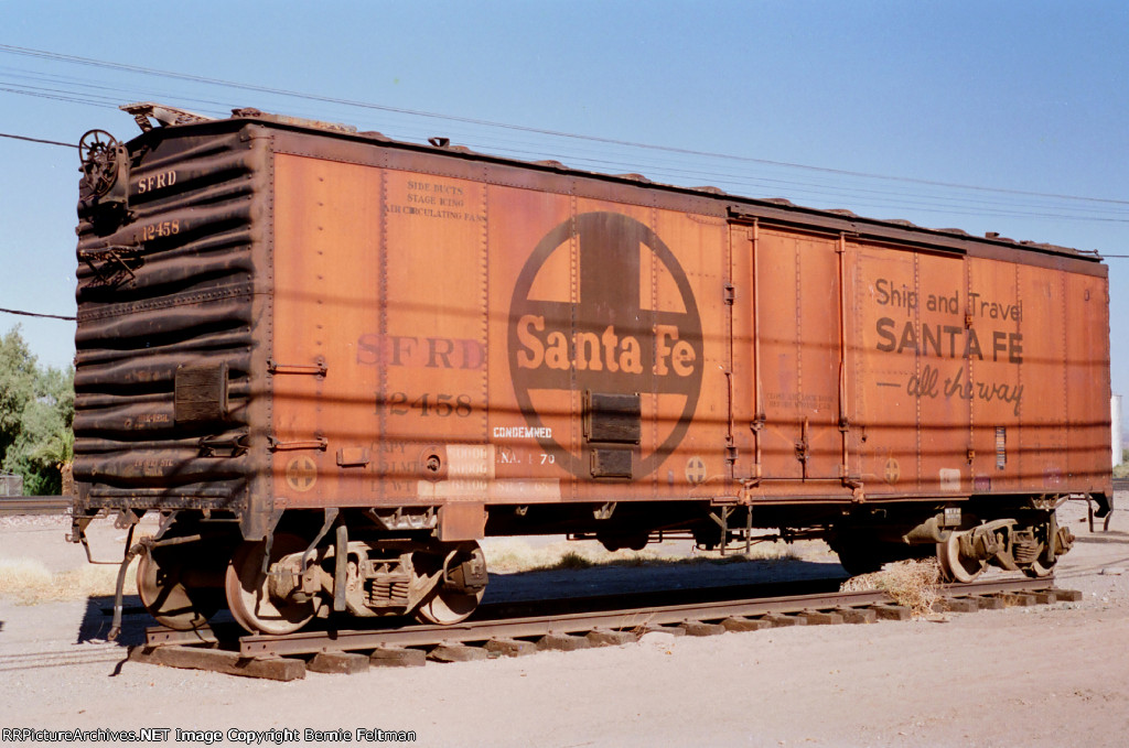 Santa Fe 40-foot friction bearing, ice bunker reefer, on display west of the depot  